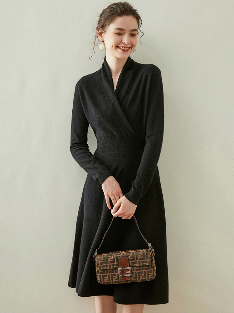 Elegant V-Neck Long Sleeve Cashmere Wrap Dress