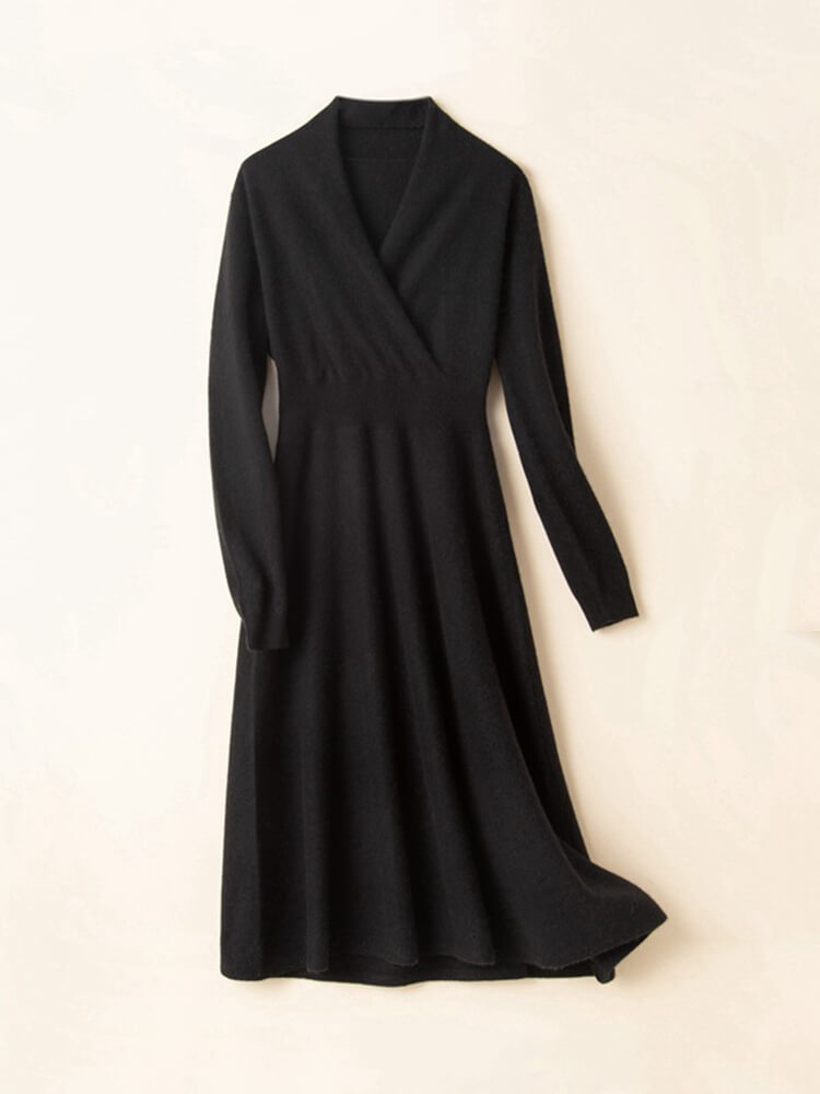 Elegant V-Neck Long Sleeve Cashmere Wrap Dress