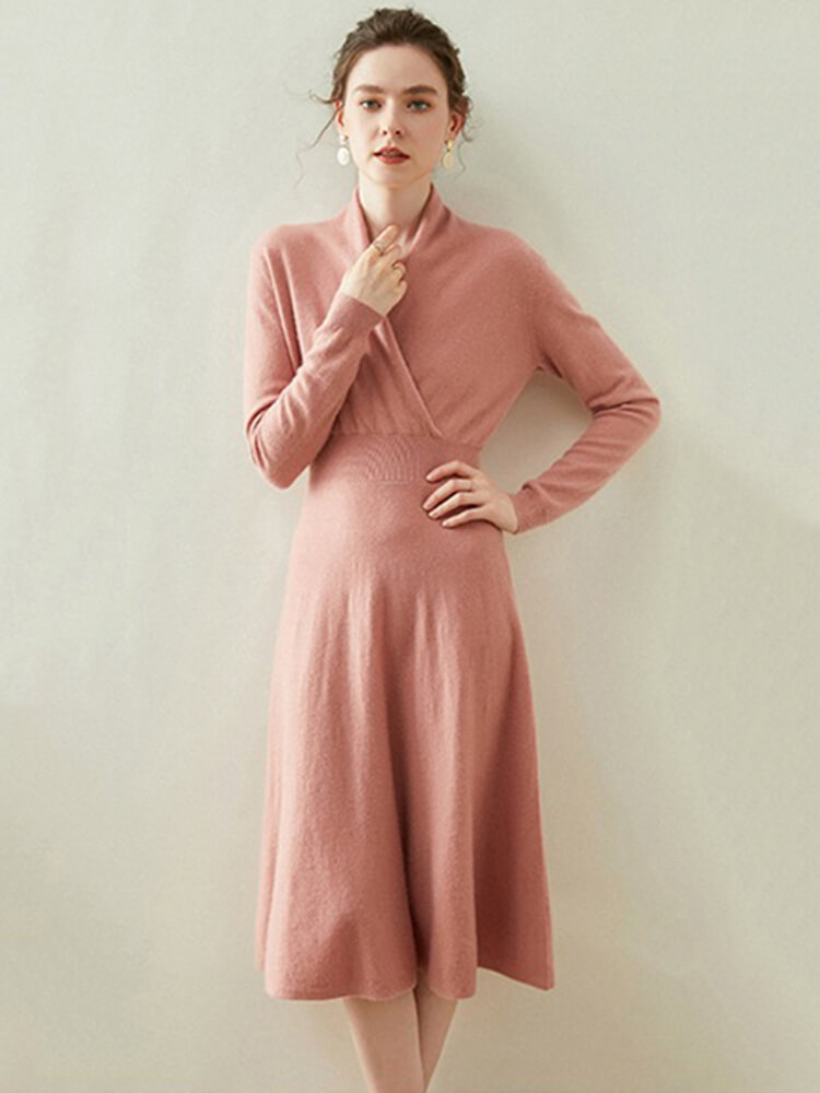 Elegant V-Neck Long Sleeve Cashmere Wrap Dress