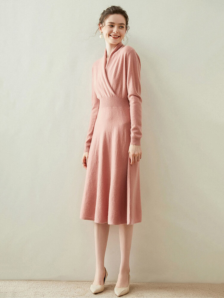Elegant V-Neck Long Sleeve Cashmere Wrap Dress