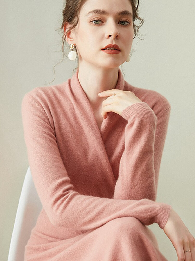 Elegant V-Neck Long Sleeve Cashmere Wrap Dress