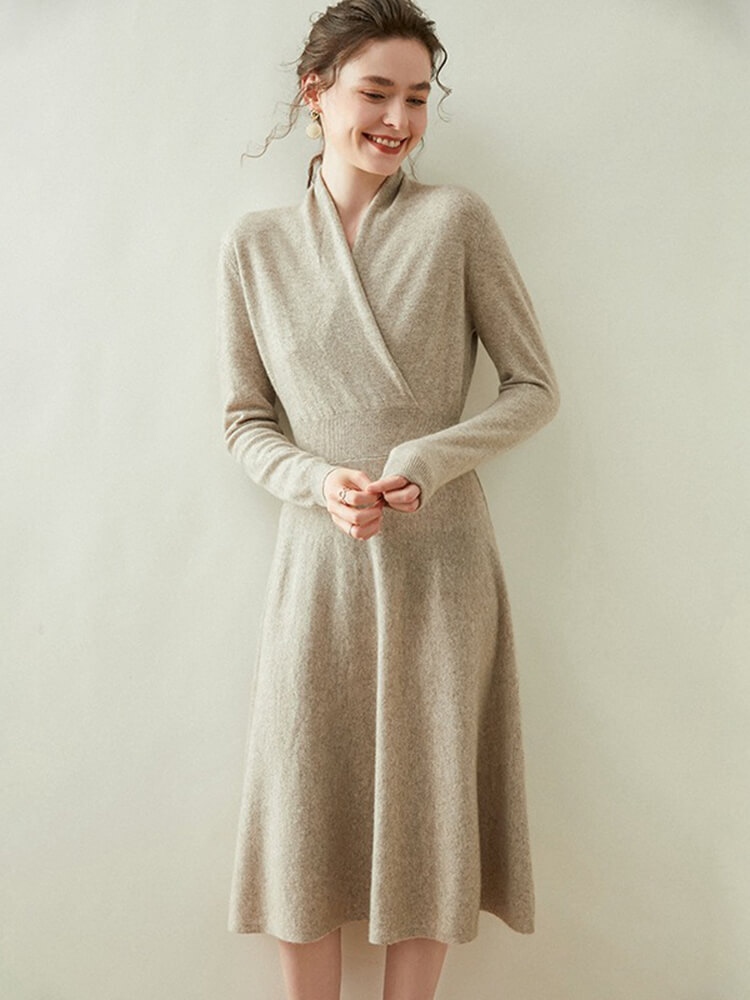 Elegant V-Neck Long Sleeve Cashmere Wrap Dress