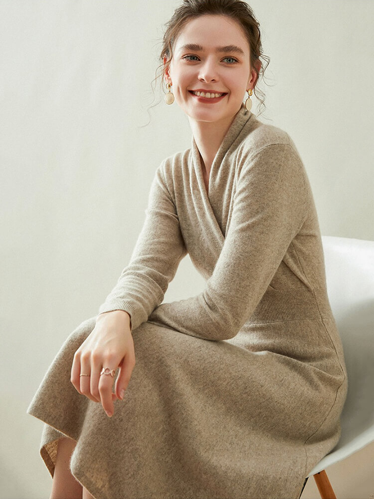 Elegant V-Neck Long Sleeve Cashmere Wrap Dress