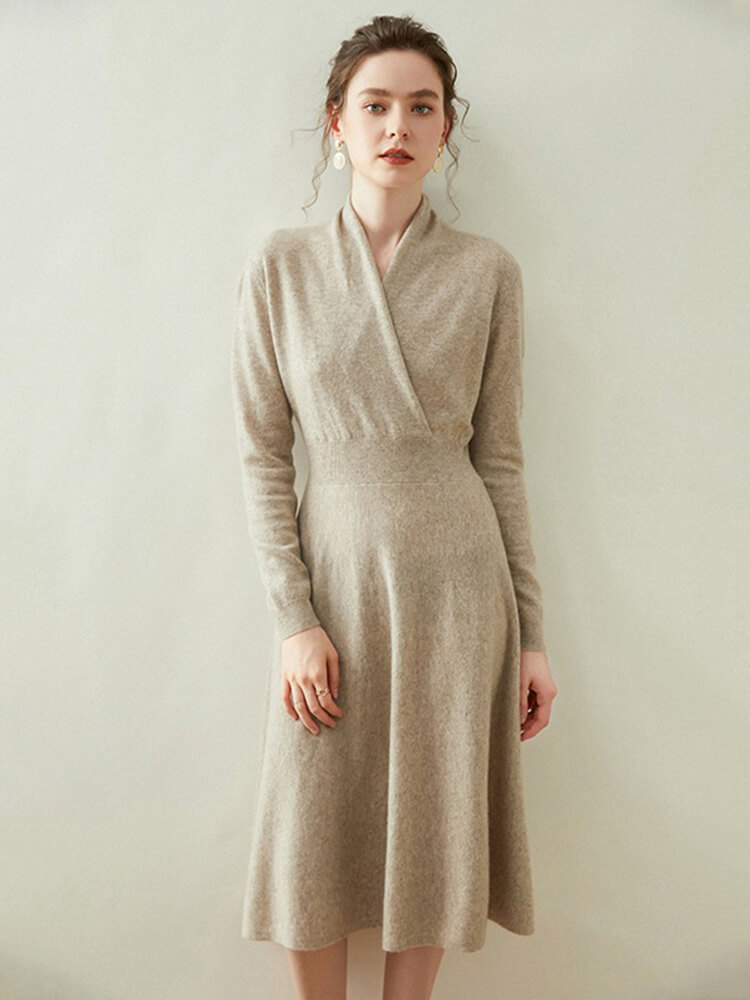 Elegant V-Neck Long Sleeve Cashmere Wrap Dress