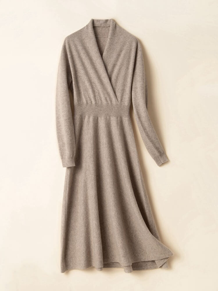 Elegant V-Neck Long Sleeve Cashmere Wrap Dress