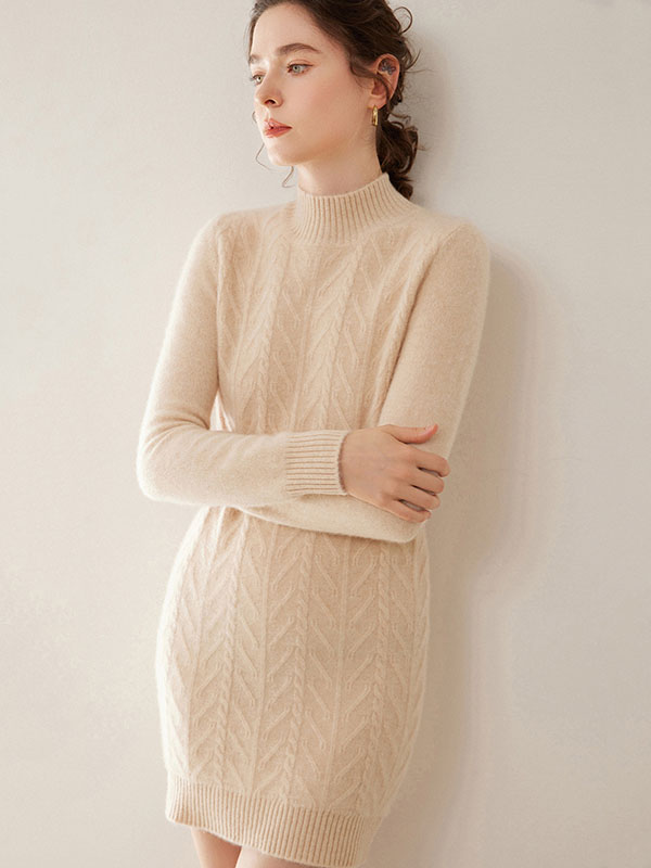 Luxurious Warm Cashmere Mock Neck Cable-Knit Sweater Dress