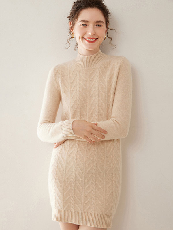 Luxurious Warm Cashmere Mock Neck Cable-Knit Sweater Dress