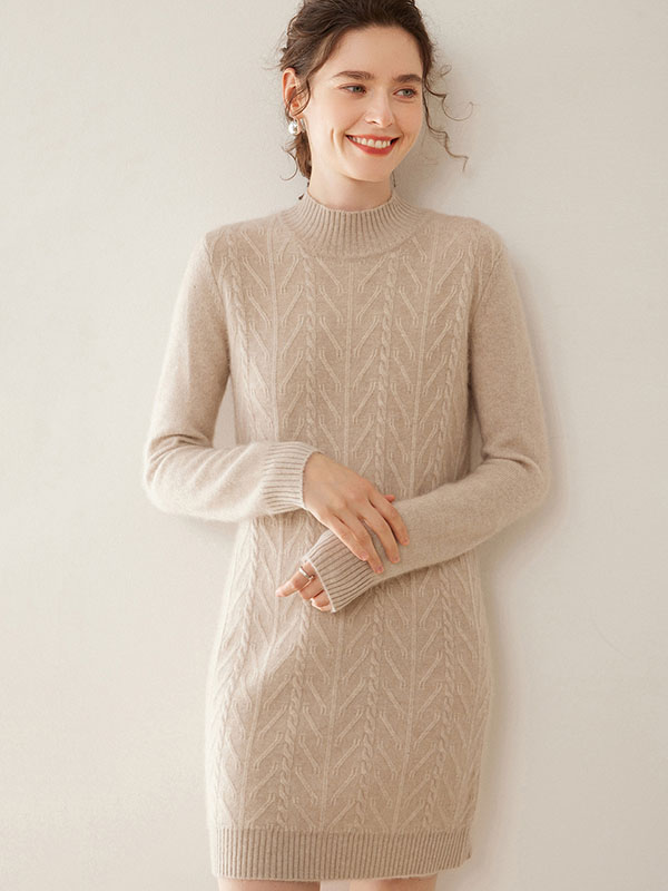 Luxurious Warm Cashmere Mock Neck Cable-Knit Sweater Dress