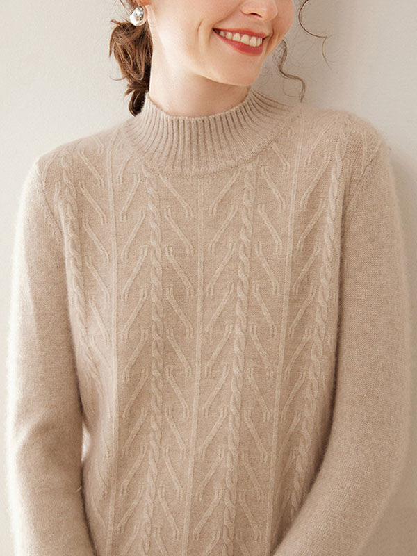 Luxurious Warm Cashmere Mock Neck Cable-Knit Sweater Dress