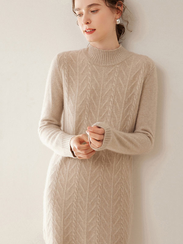 Luxurious Warm Cashmere Mock Neck Cable-Knit Sweater Dress