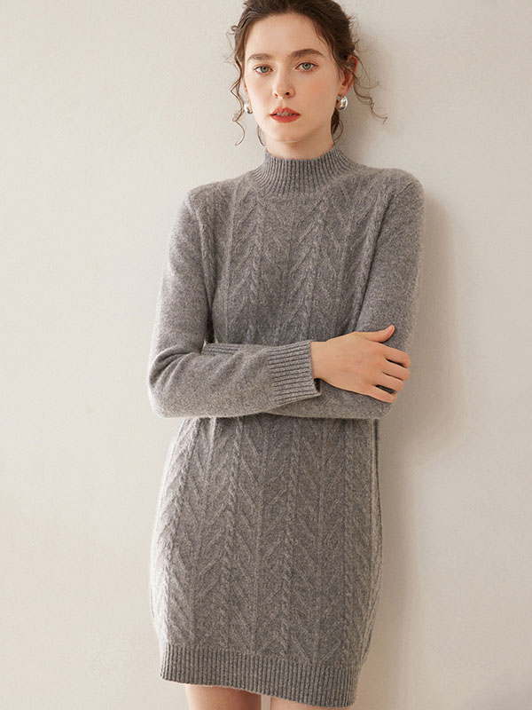 Luxurious Warm Cashmere Mock Neck Cable-Knit Sweater Dress