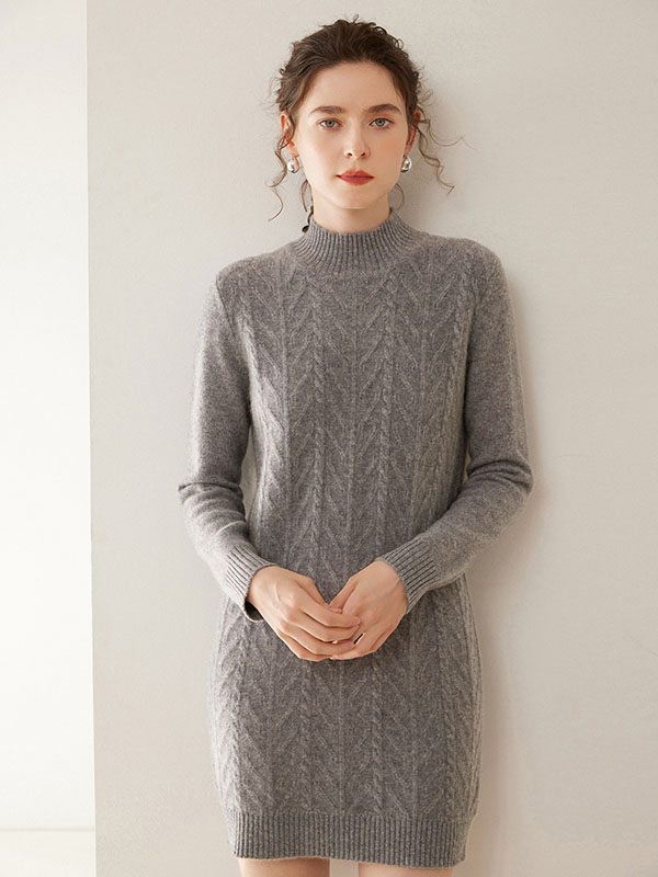 Luxurious Warm Cashmere Mock Neck Cable-Knit Sweater Dress