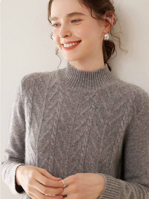 Luxurious Warm Cashmere Mock Neck Cable-Knit Sweater Dress