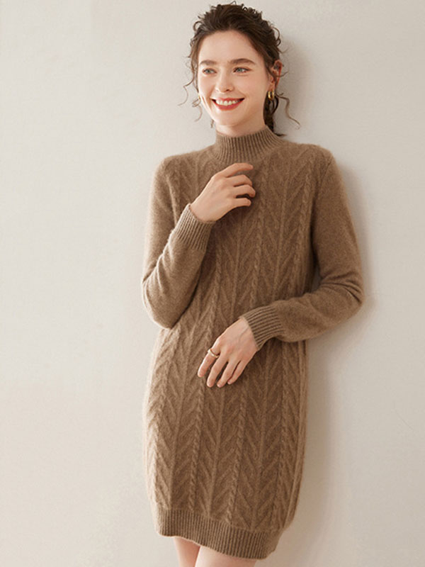 Luxurious Warm Cashmere Mock Neck Cable-Knit Sweater Dress