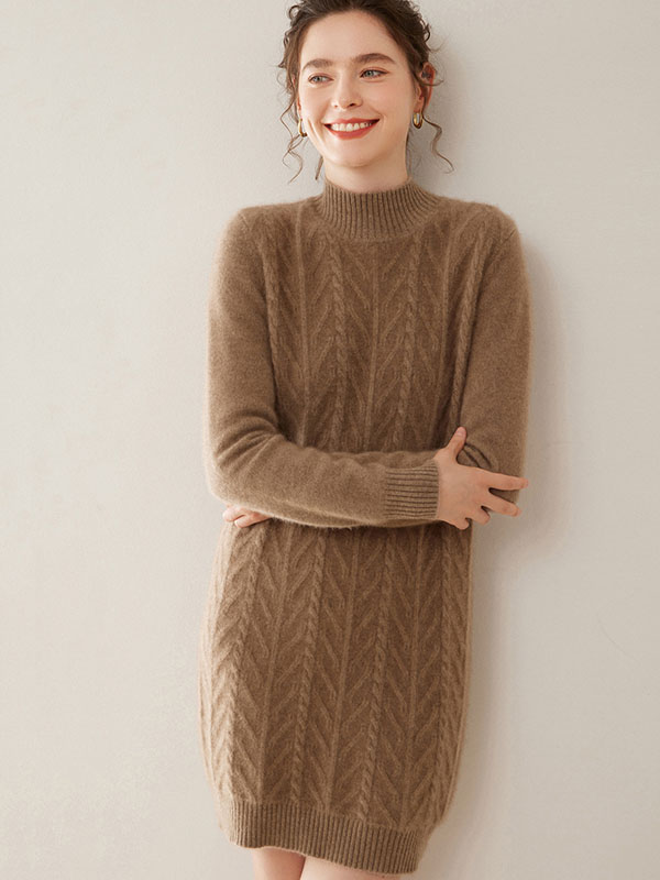 Luxurious Warm Cashmere Mock Neck Cable-Knit Sweater Dress