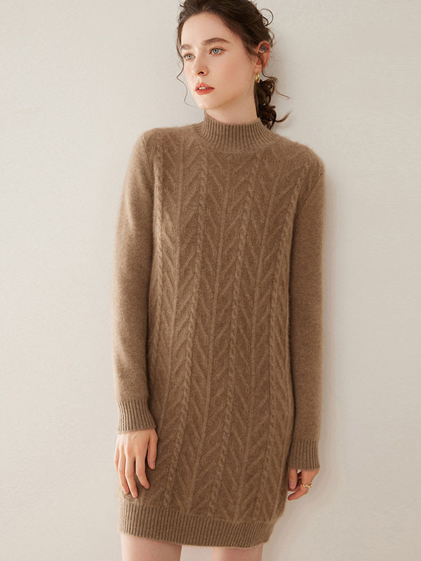 Luxurious Warm Cashmere Mock Neck Cable-Knit Sweater Dress