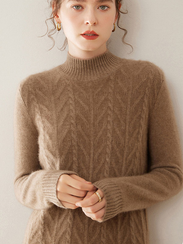 Luxurious Warm Cashmere Mock Neck Cable-Knit Sweater Dress