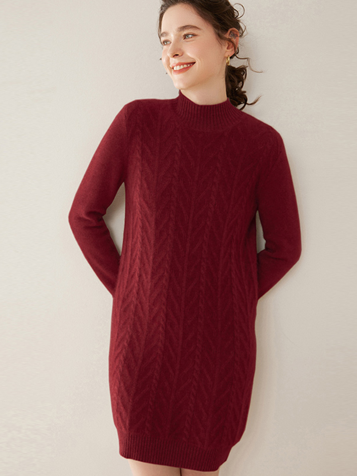 Luxurious Warm Cashmere Mock Neck Cable-Knit Sweater Dress