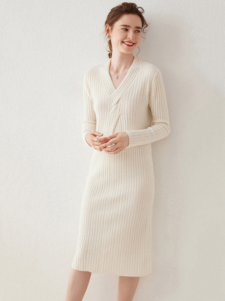 Ribbed V-Neck Long Sleeve Cashmere Midi Sweater Dress