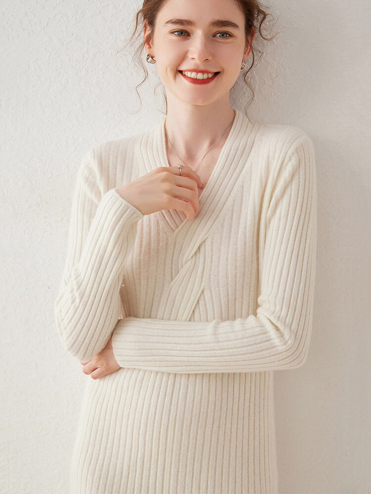 Ribbed V-Neck Long Sleeve Cashmere Midi Sweater Dress