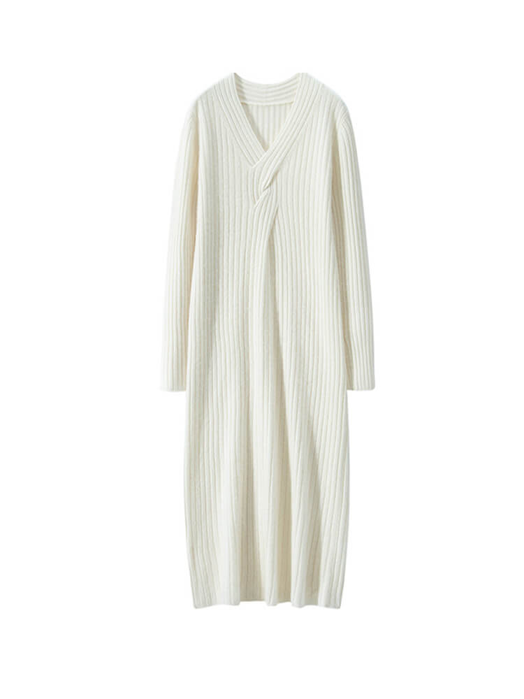 Ribbed V-Neck Long Sleeve Cashmere Midi Sweater Dress