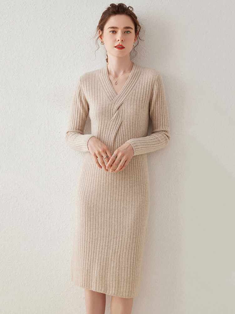 Ribbed V-Neck Long Sleeve Cashmere Midi Sweater Dress