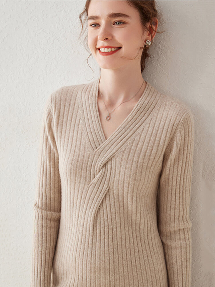 Ribbed V-Neck Long Sleeve Cashmere Midi Sweater Dress