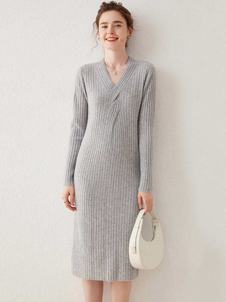 Ribbed V-Neck Long Sleeve Cashmere Midi Sweater Dress