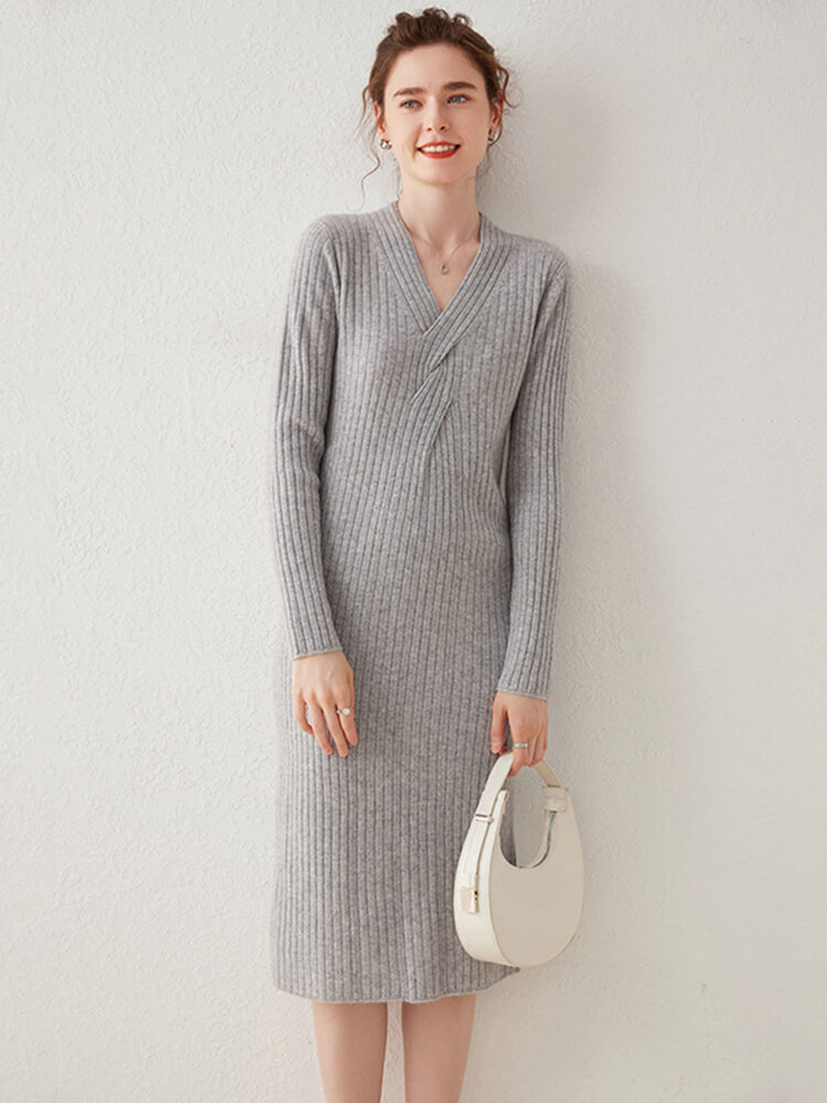 Ribbed V-Neck Long Sleeve Cashmere Midi Sweater Dress