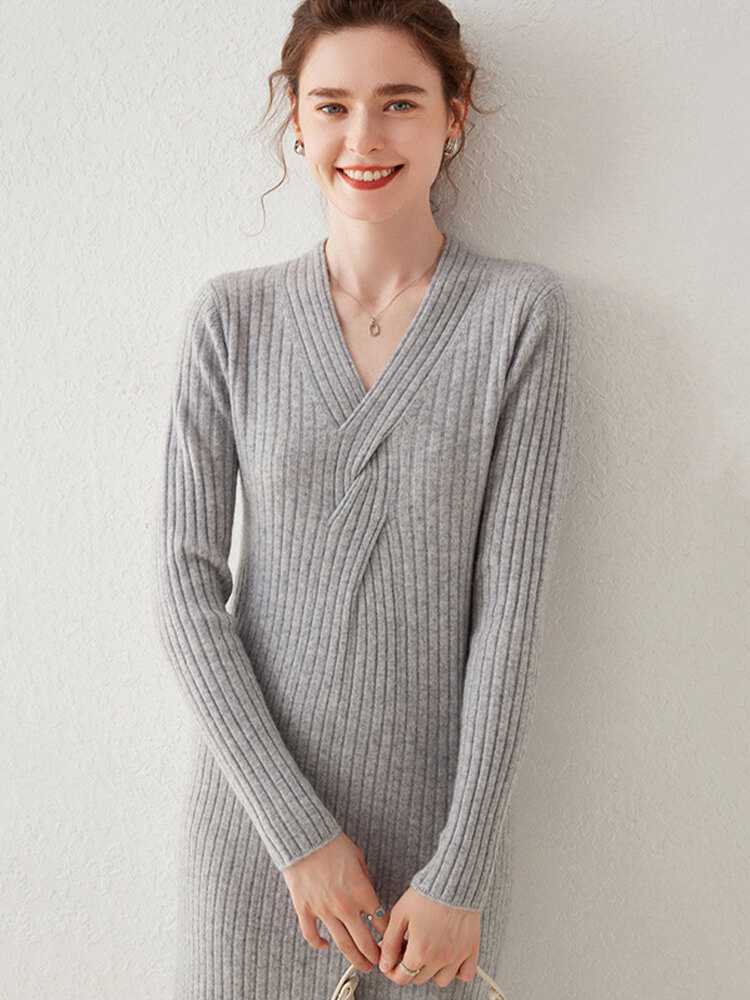 Ribbed V-Neck Long Sleeve Cashmere Midi Sweater Dress