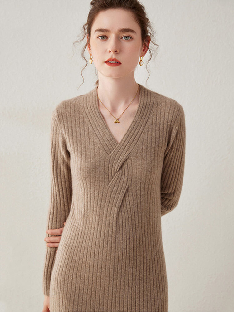 Ribbed V-Neck Long Sleeve Cashmere Midi Sweater Dress