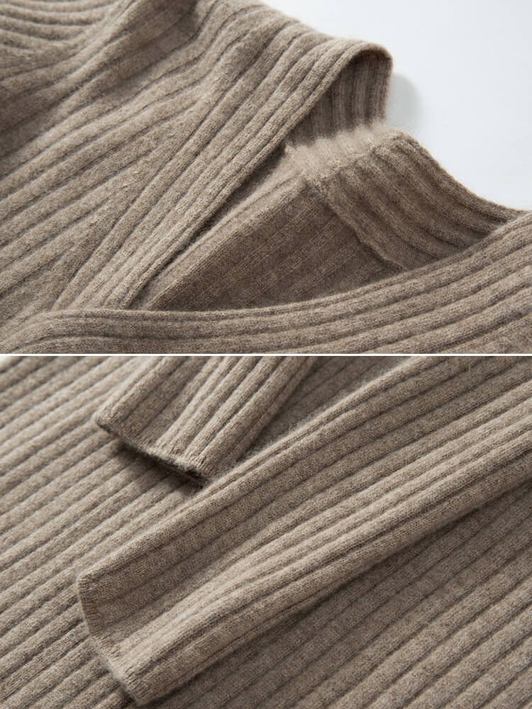 Ribbed V-Neck Long Sleeve Cashmere Midi Sweater Dress