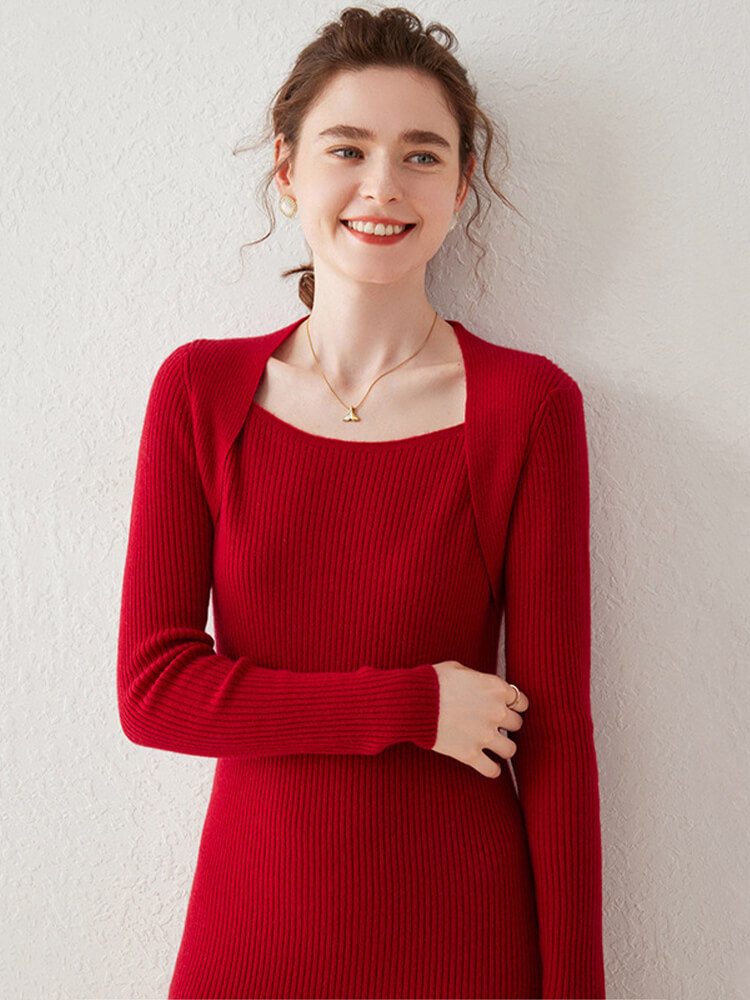 Ribbed Square Neck Cashmere Bodycon Midi Dress