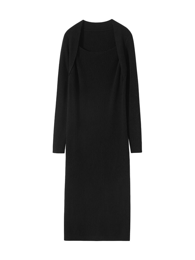 Ribbed Square Neck Cashmere Bodycon Midi Dress