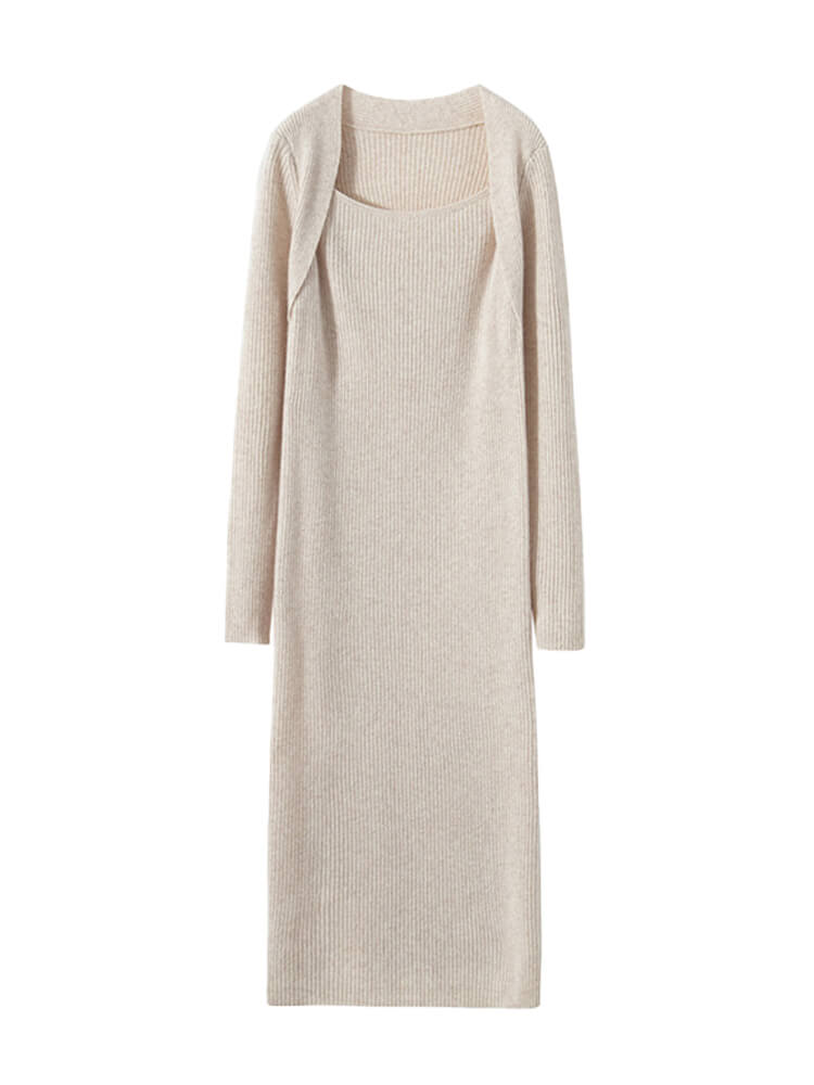 Ribbed Square Neck Cashmere Bodycon Midi Dress