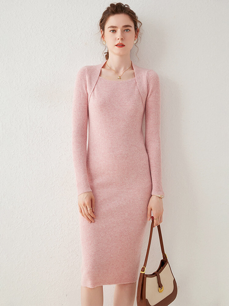 Ribbed Square Neck Cashmere Bodycon Midi Dress