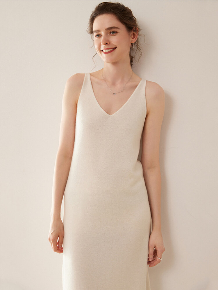 Sleeveless V-Neck Cashmere Long Slip Dress
