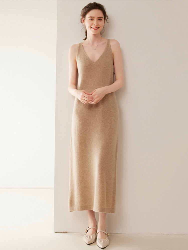 Sleeveless V-Neck Cashmere Long Slip Dress
