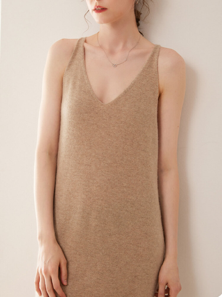 Sleeveless V-Neck Cashmere Long Slip Dress