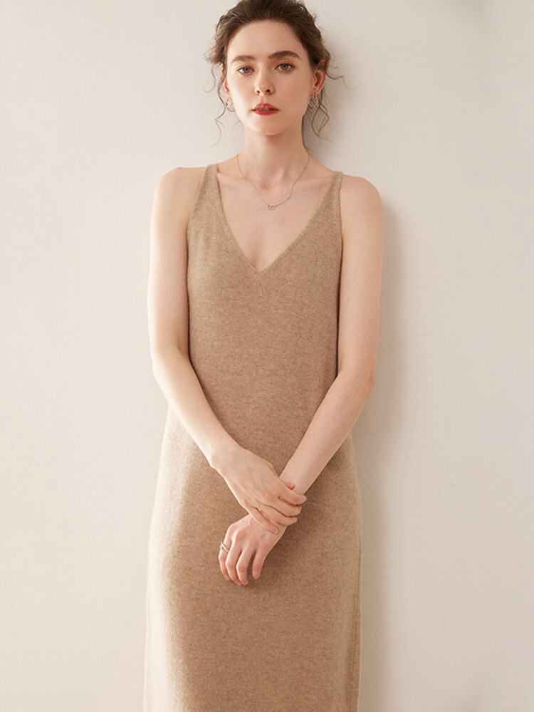 Sleeveless V-Neck Cashmere Long Slip Dress