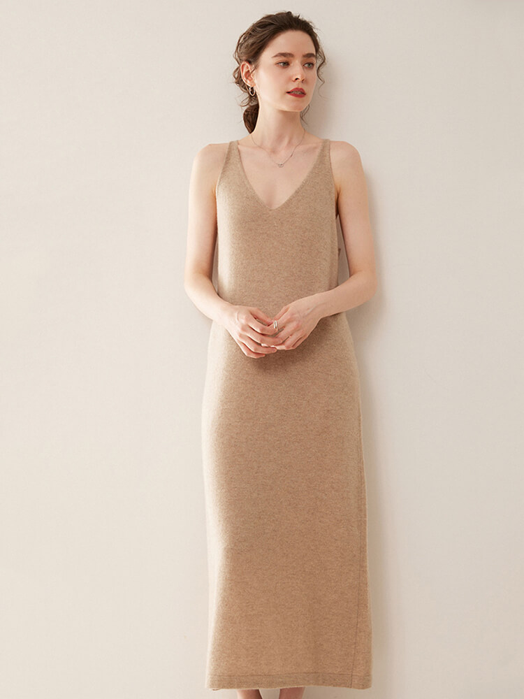Sleeveless V-Neck Cashmere Long Slip Dress