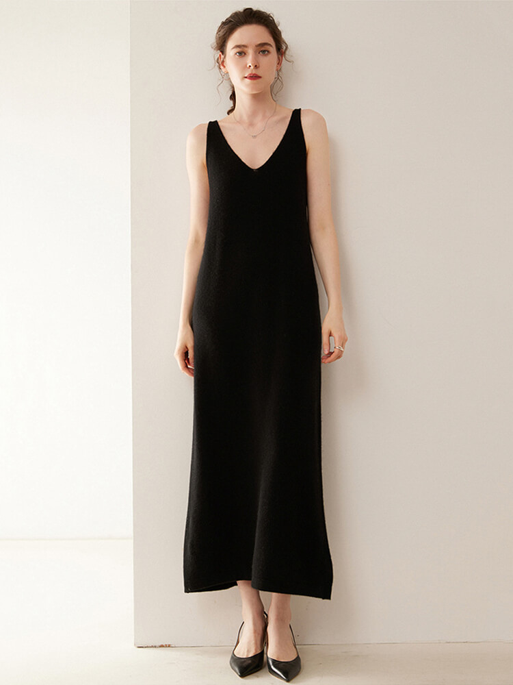 Sleeveless V-Neck Cashmere Long Slip Dress