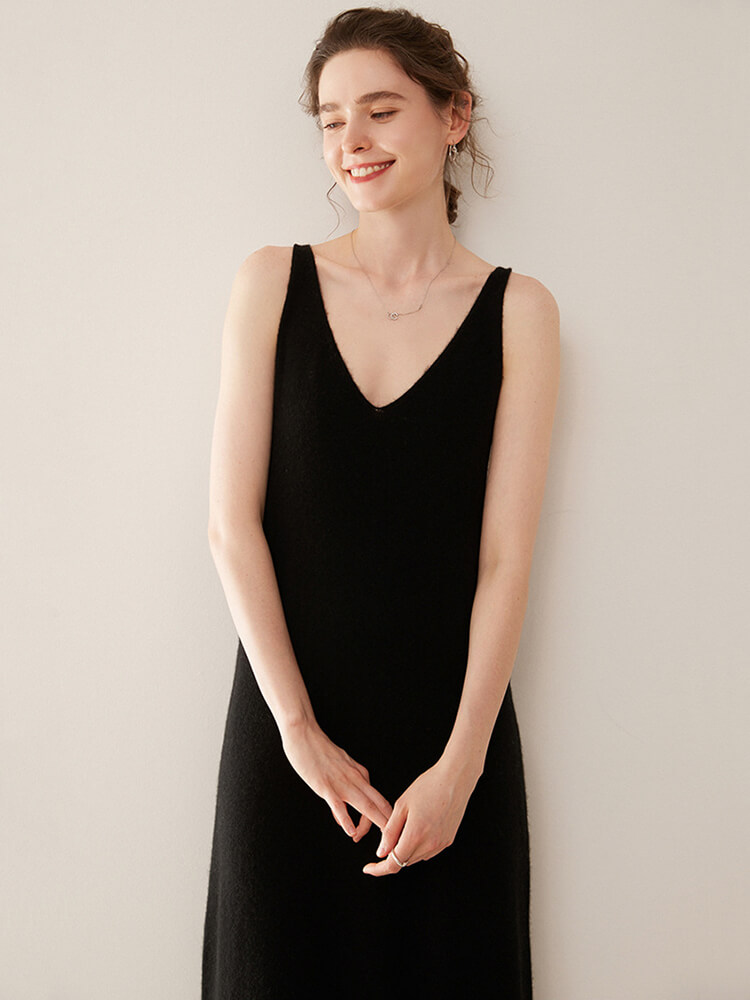 Sleeveless V-Neck Cashmere Long Slip Dress