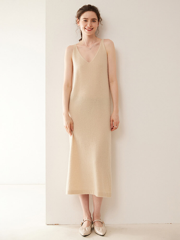 Sleeveless V-Neck Cashmere Long Slip Dress