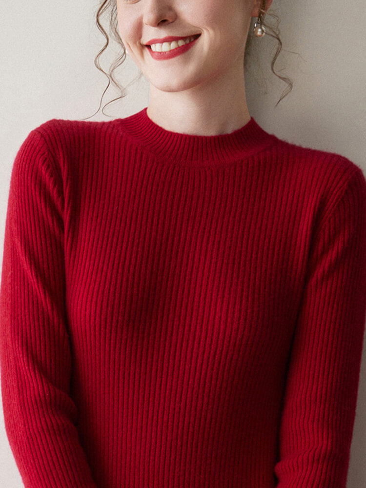 Rib-Knit Cashmere Crewneck Flared Sweater Dress
