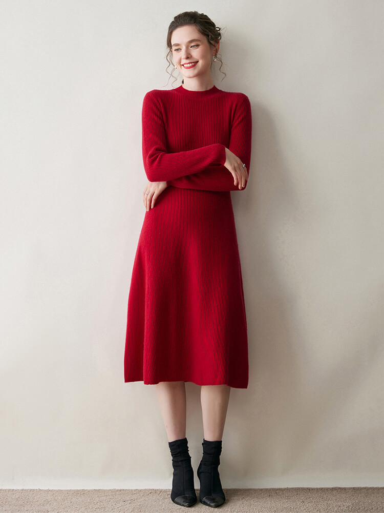 Rib-Knit Cashmere Crewneck Flared Sweater Dress