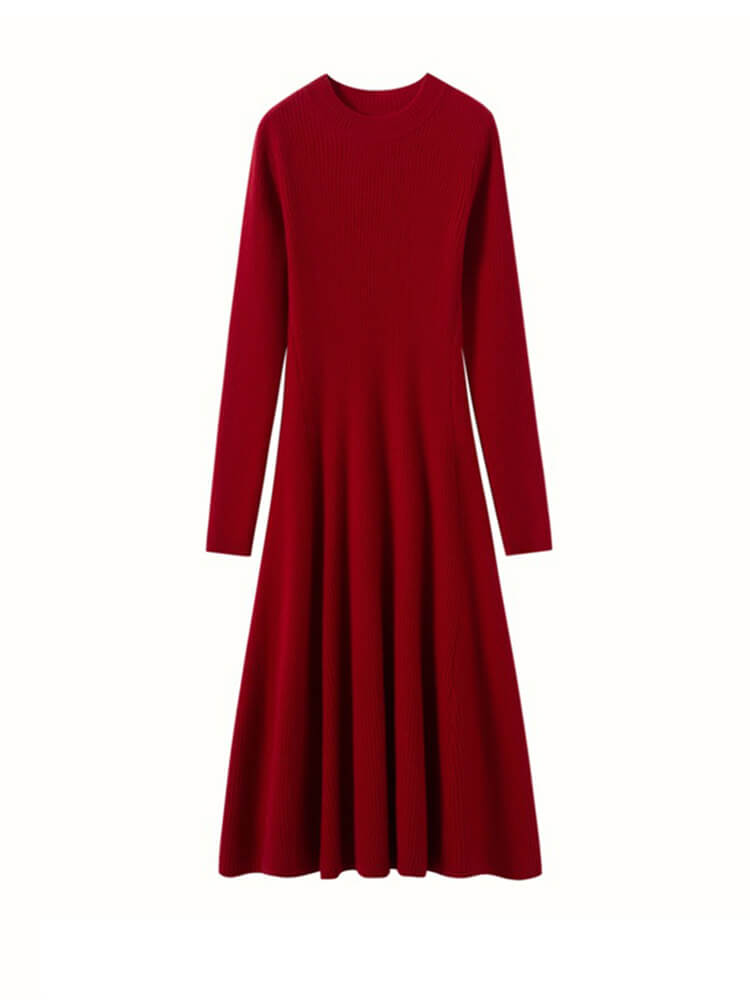 Rib-Knit Cashmere Crewneck Flared Sweater Dress