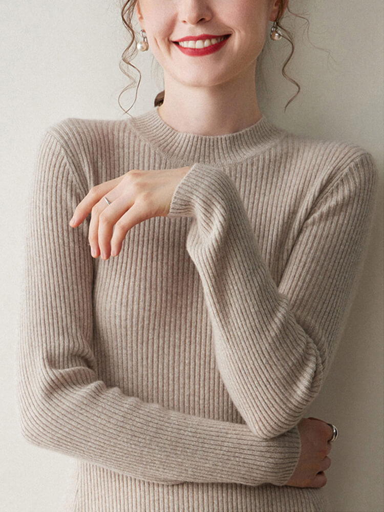 Rib-Knit Cashmere Crewneck Flared Sweater Dress