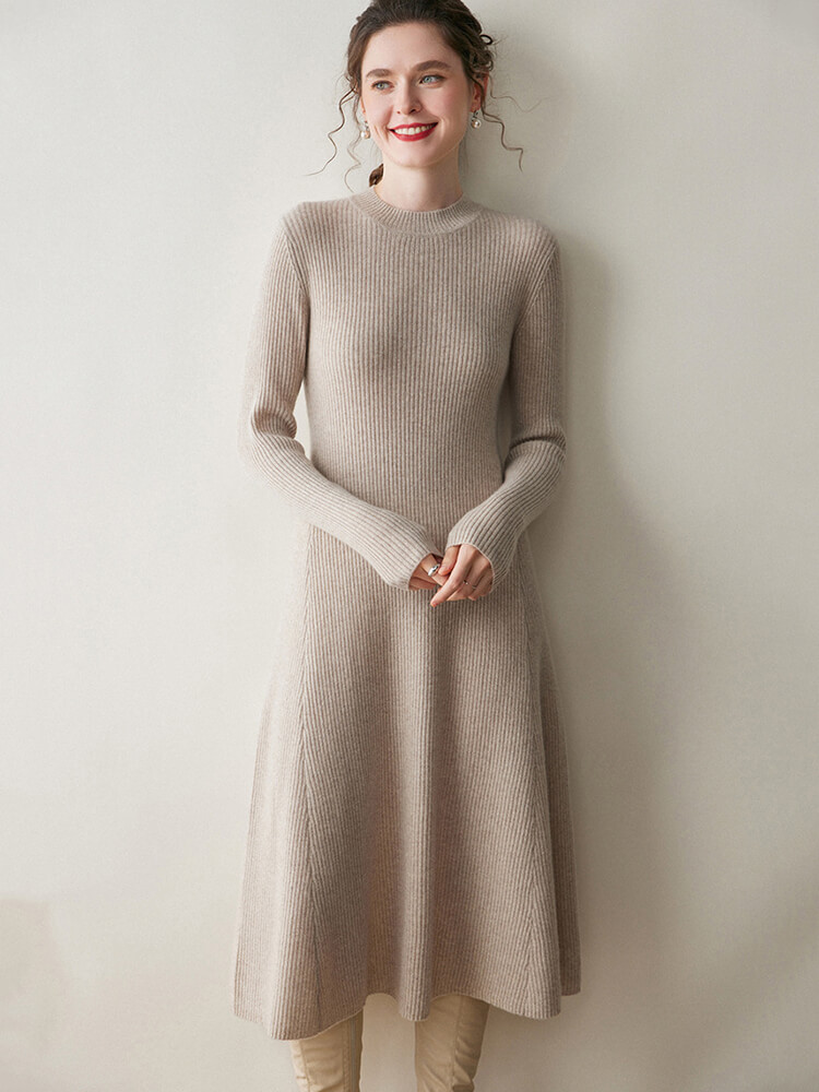 Rib-Knit Cashmere Crewneck Flared Sweater Dress