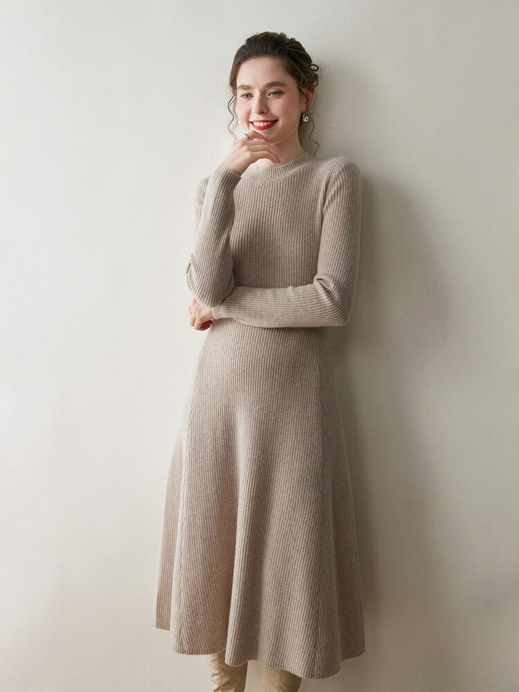 Rib-Knit Cashmere Crewneck Flared Sweater Dress